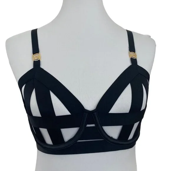 Victoria's Secret VERY SEXY Unlined Strappy Demi Bra Black Bandage Open Cage 38C - Picture 1 of 8